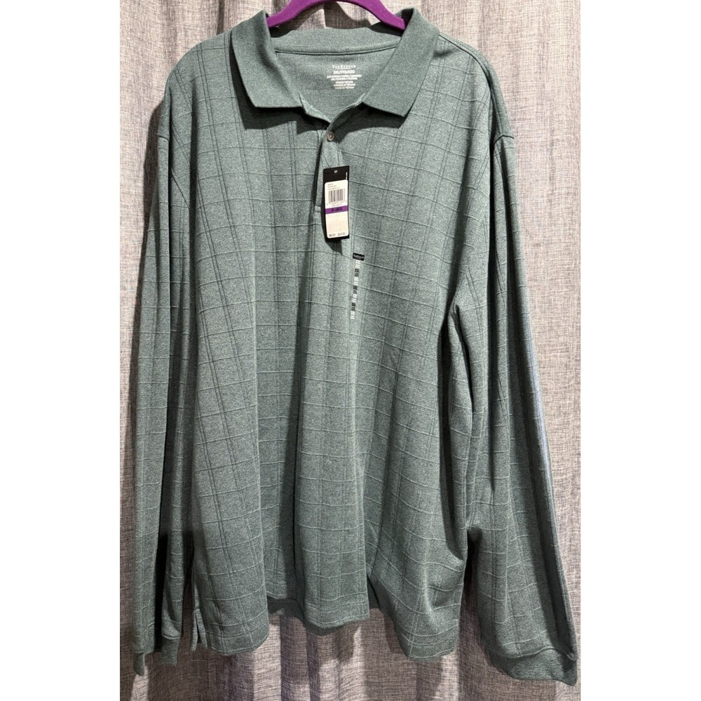 VanHeusen Mens Long Sleeve Polo Green Textured Shirt Size XXL Cotton Buttons NWT